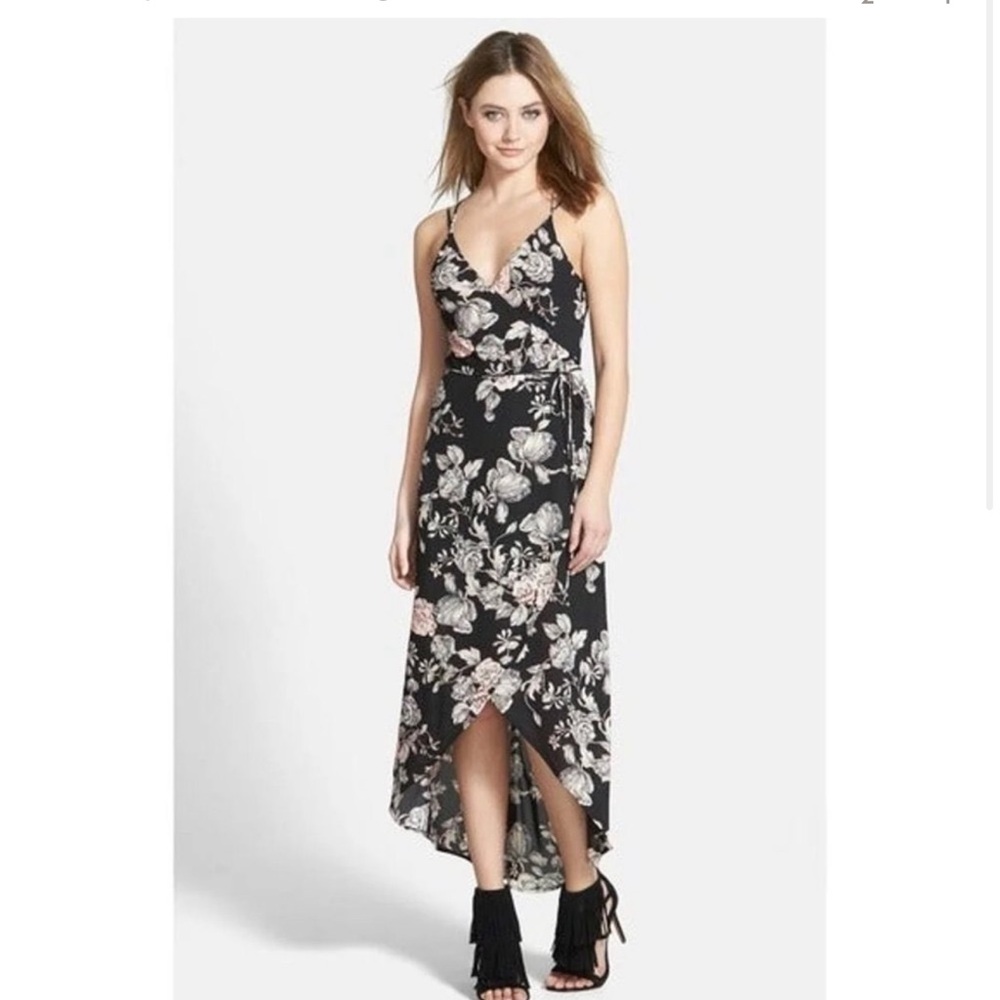 Astr Floral Wrap High-Low Maxi Dress - Black with Pink & Cream Flowers